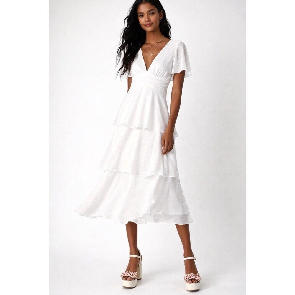 Lulus White Sweet Dot Tiered Midi Dress V Neck Flutter Sleeve Bridal S